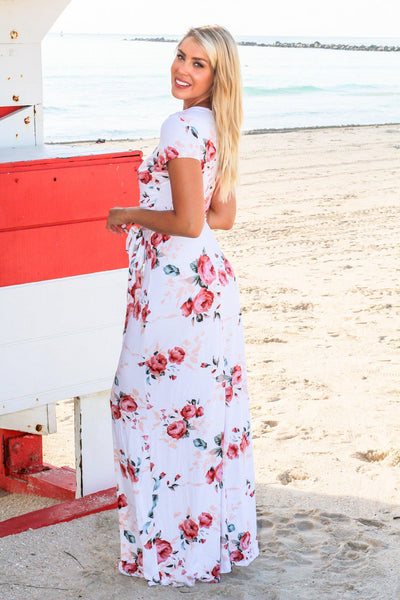 Ivory Floral Maxi Dress with Self Tie Waist