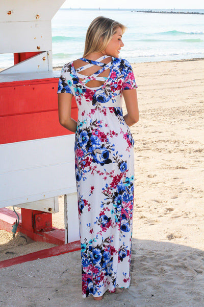 Ivory Floral Maxi Dress with Short Sleeves and Criss Cross Back