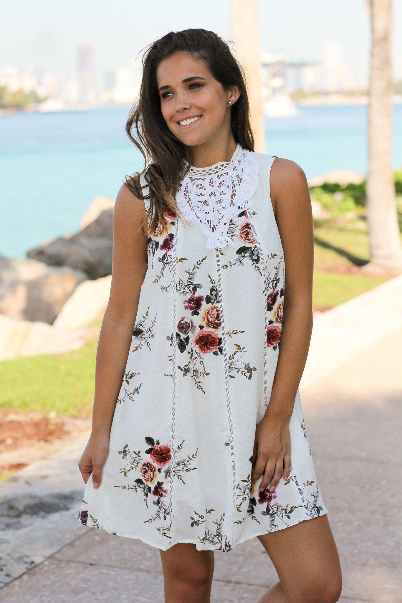 Ivory Floral Short Dress with Crochet Detail