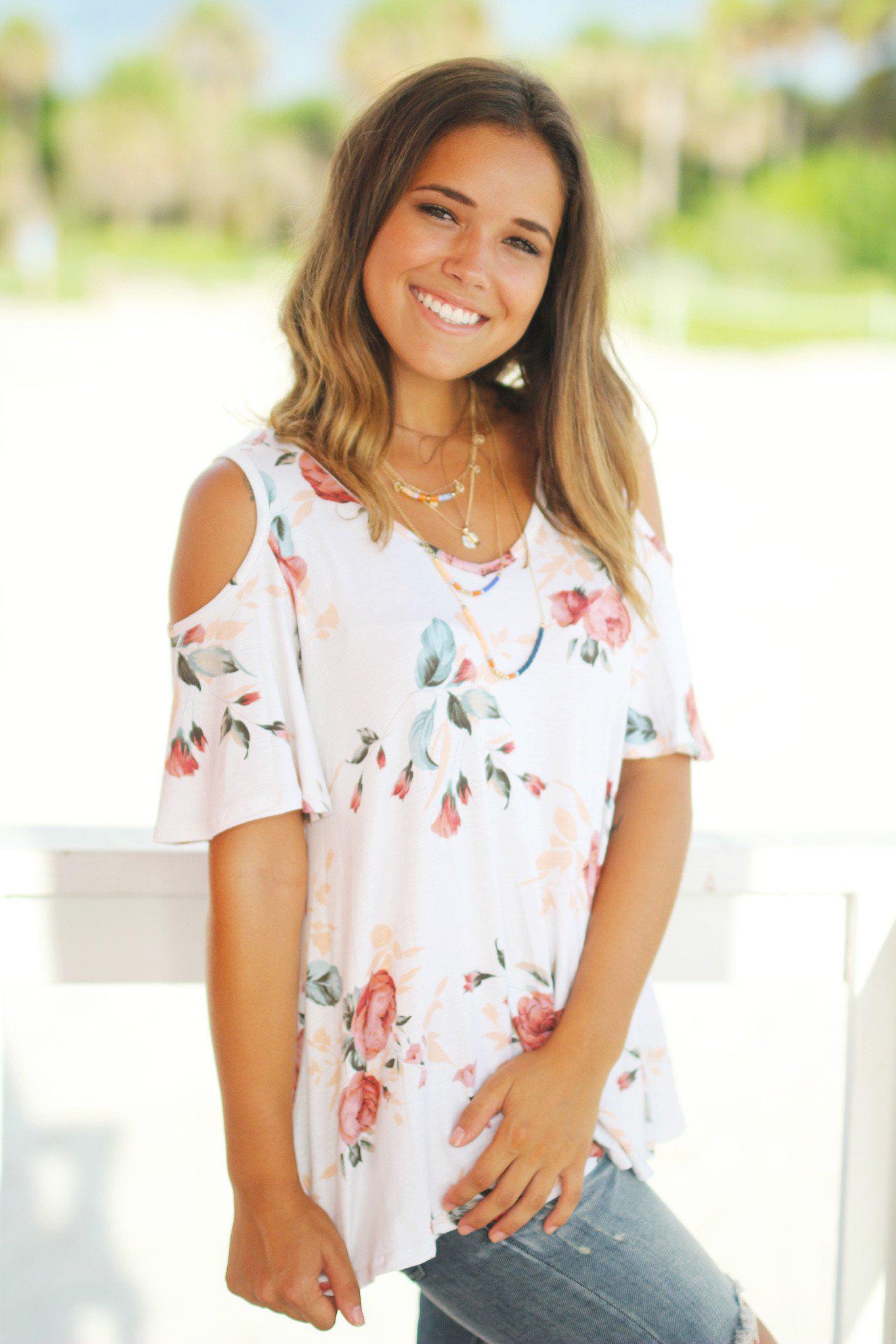 Ivory Floral Cold Shoulder Tee | Floral Ivory Tee | Cute Tops – Saved ...