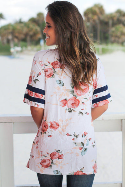 Ivory Floral Top with Navy Striped Sleeves