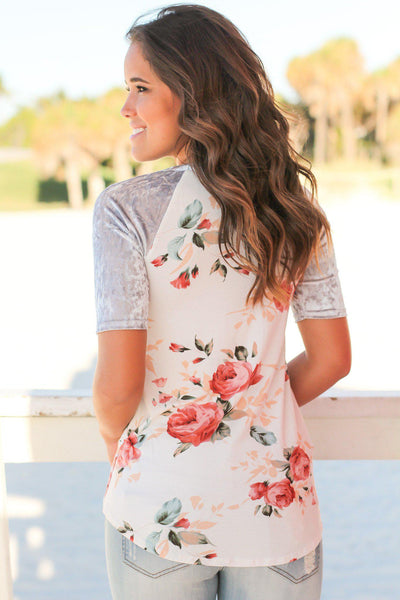Ivory Floral Top with Velvet Sleeves