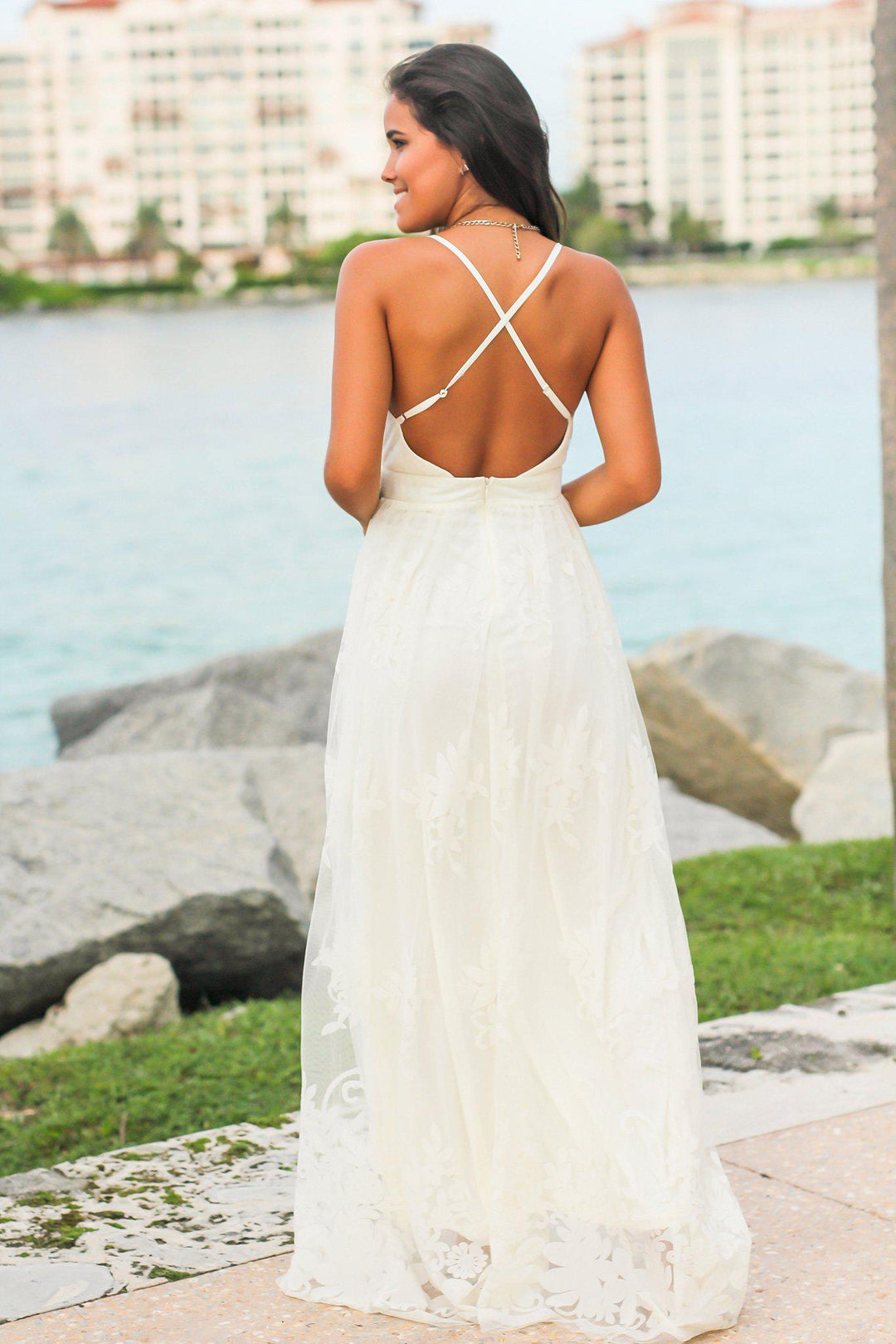 White floral tulle maxi dress top
