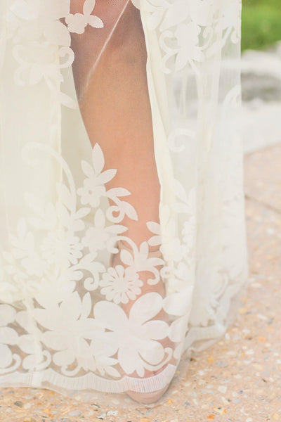 Ivory Floral Tulle Maxi Dress with Criss Cross Back