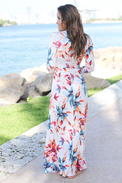 Ivory Floral Wrap Maxi Dress with 34 Sleeves