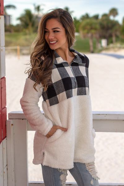 Ivory Fuzzy Pullover with Plaid Detail