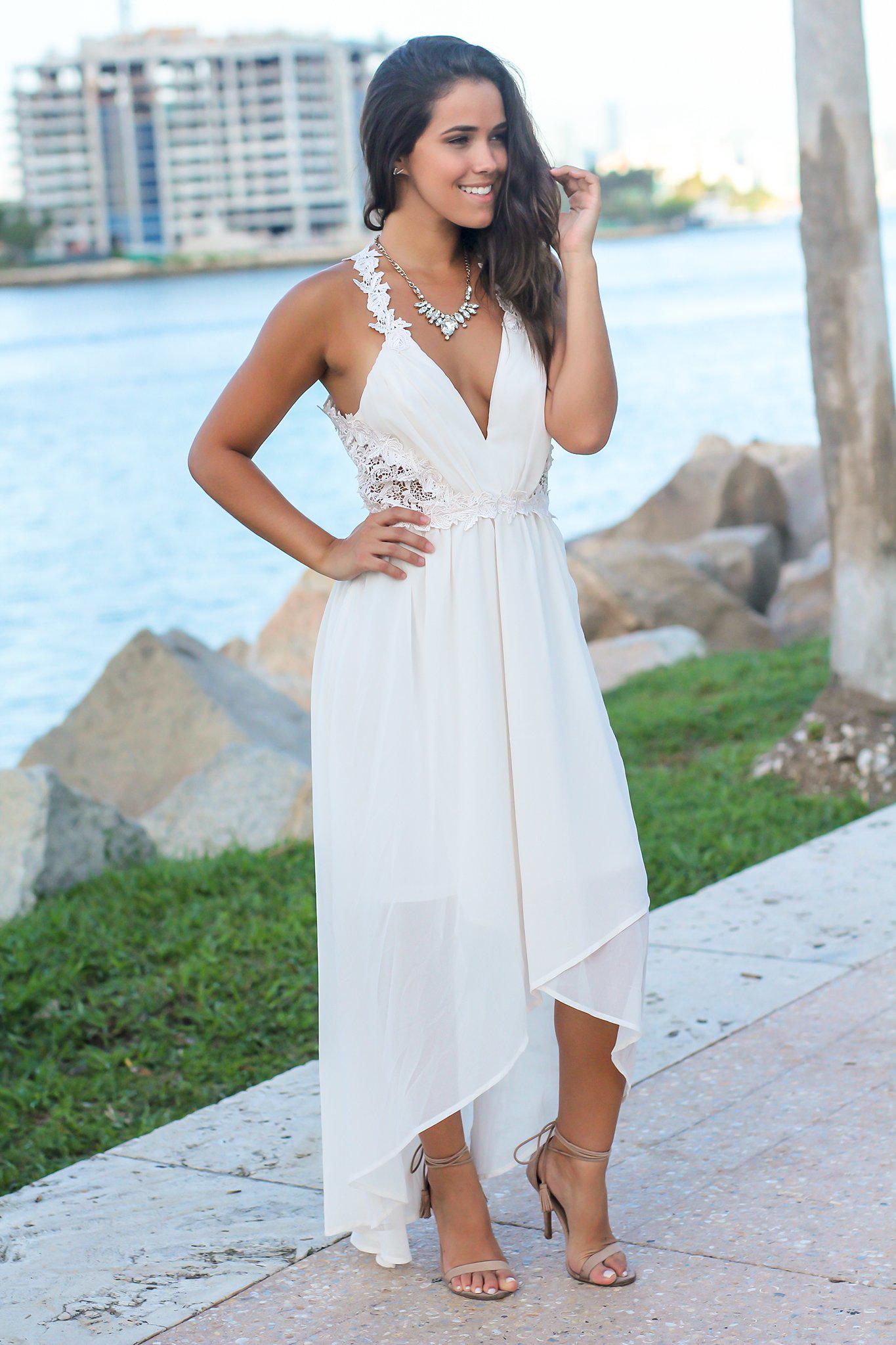 Ivory High Low Dress with Crochet Cut Outs | Maxi Dresses Saved by the Dress Ivory High Low Dress with Crochet Cut Outs | Maxi Dresses Saved by the Dress