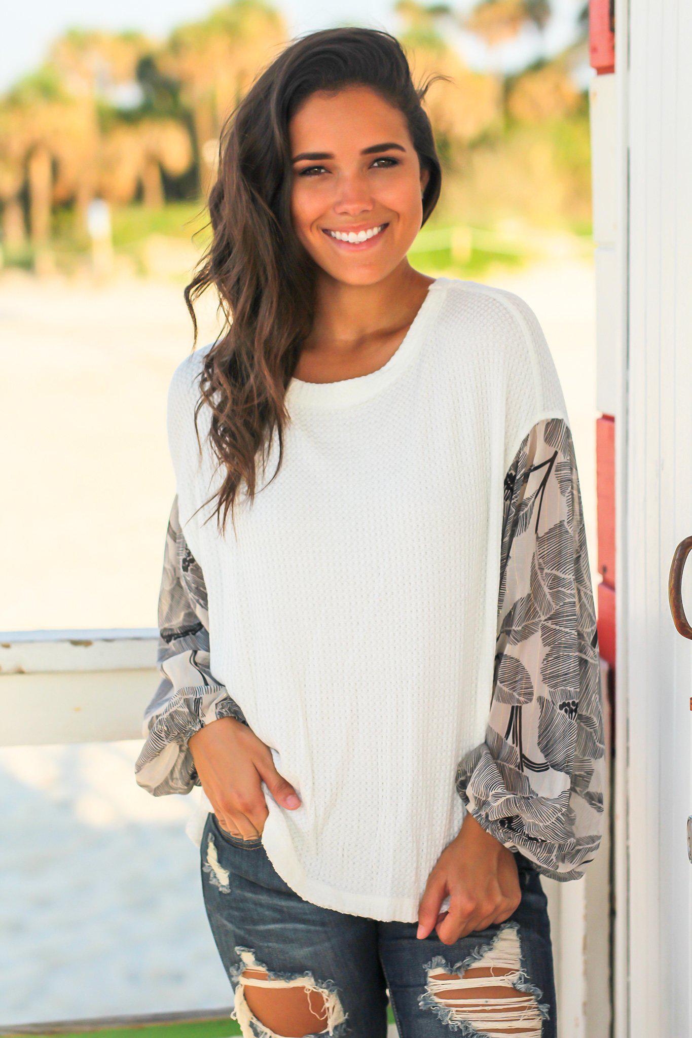 Ivory Knit Top with Printed Sleeves
