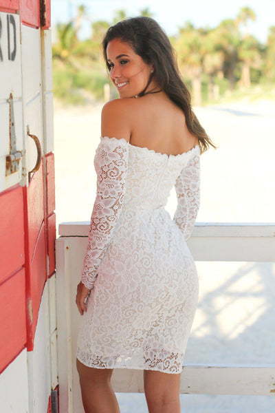 Ivory Lace Off Shoulder Short Dress with Long Sleeves