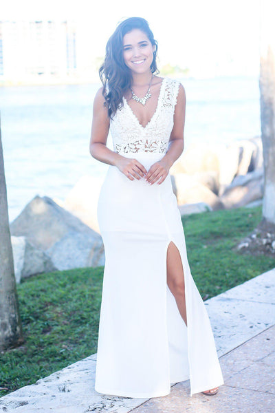 Ivory Maxi Dress with Crochet Top and Side Slit