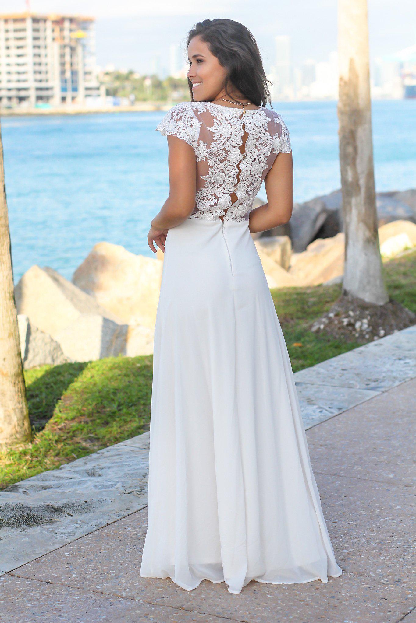 Ivory Maxi Dress with Embroidered Top and Slit