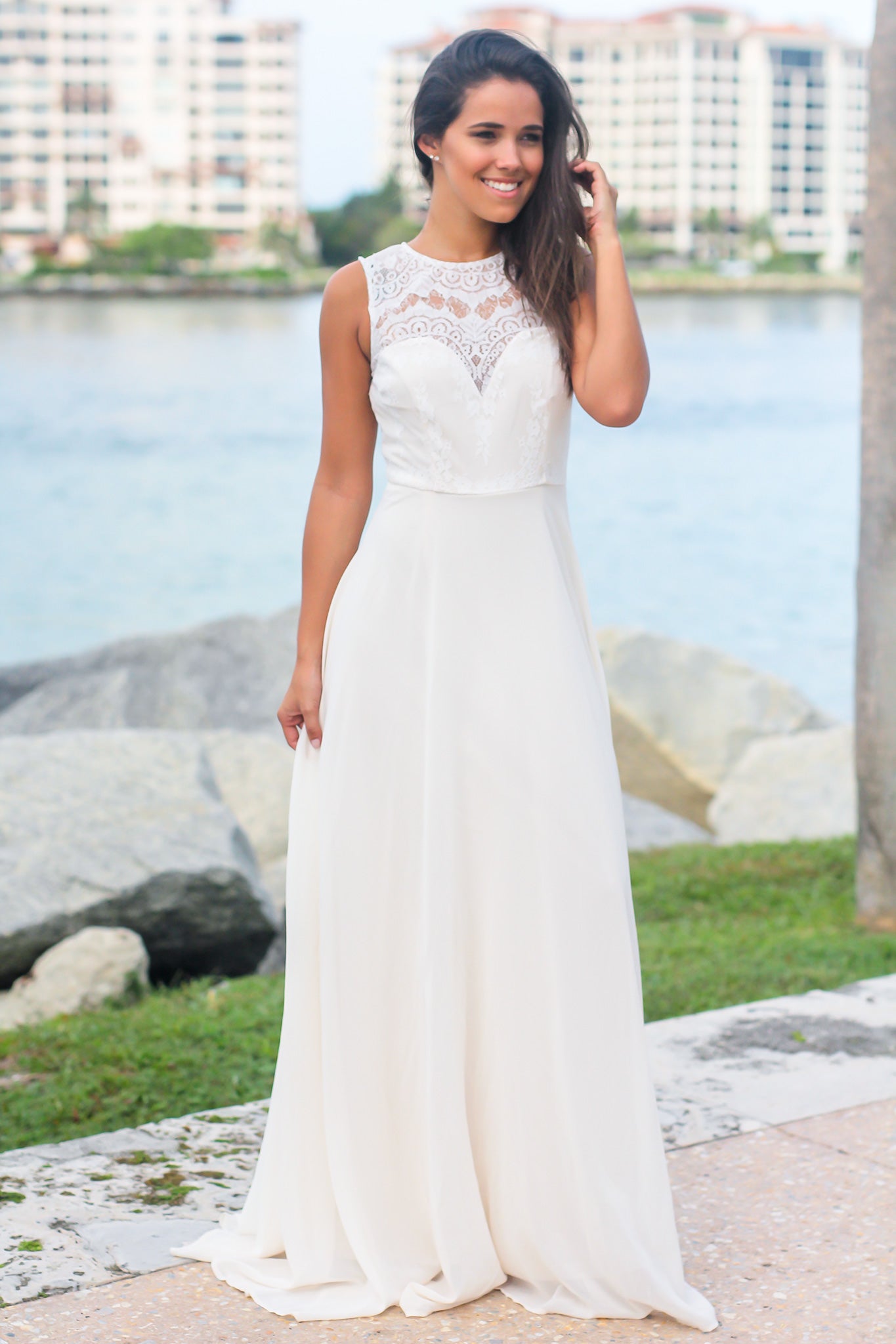 Ivory Maxi Dress with Lace Top and Mesh Back