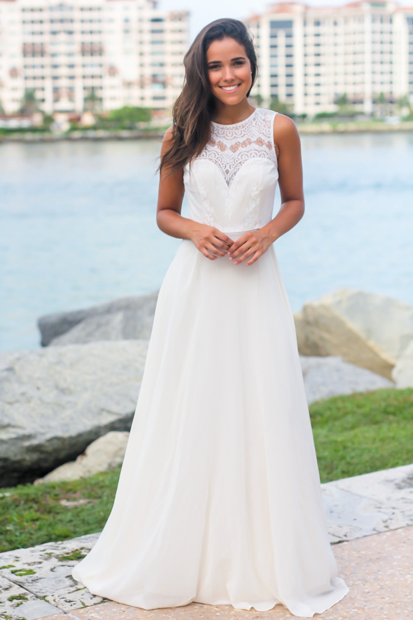 Ivory Maxi Dress with Lace Top and Mesh Back