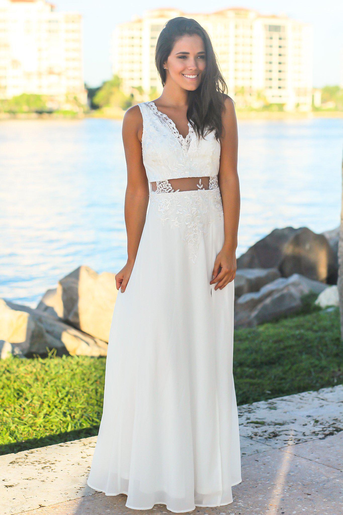 Ivory Maxi Dress with Mesh and Embroidered Detail