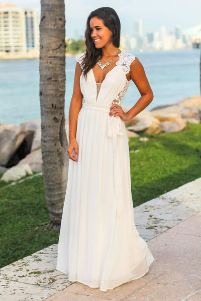 Ivory Maxi Dress with Open Embroidered Back Detail