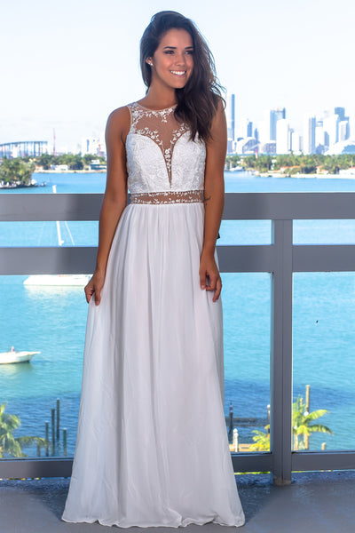 Ivory Mesh Top Maxi Dress with Embroidery