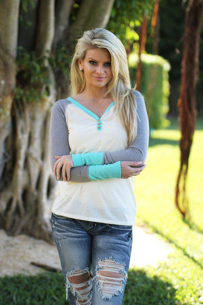 Ivory and Mint Top With Buttons