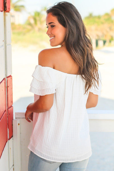 Ivory Off Shoulder Top with Short Ruffled Sleeves