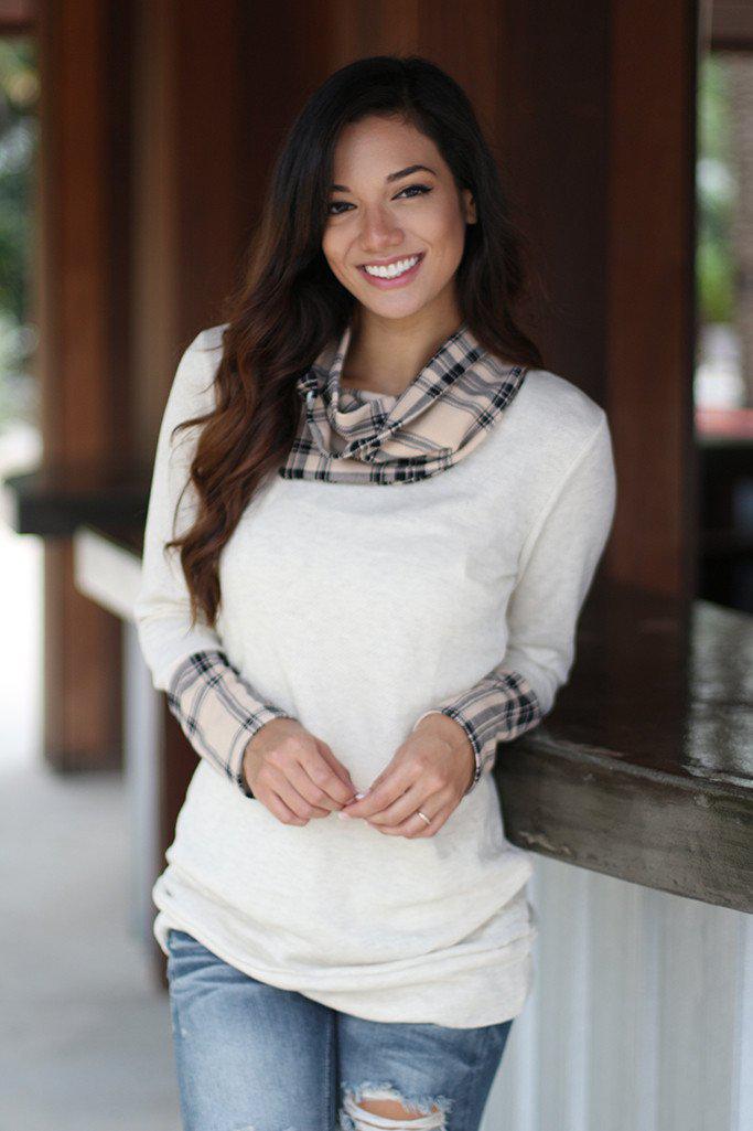 Ivory Plaid Top With Cowl Neck