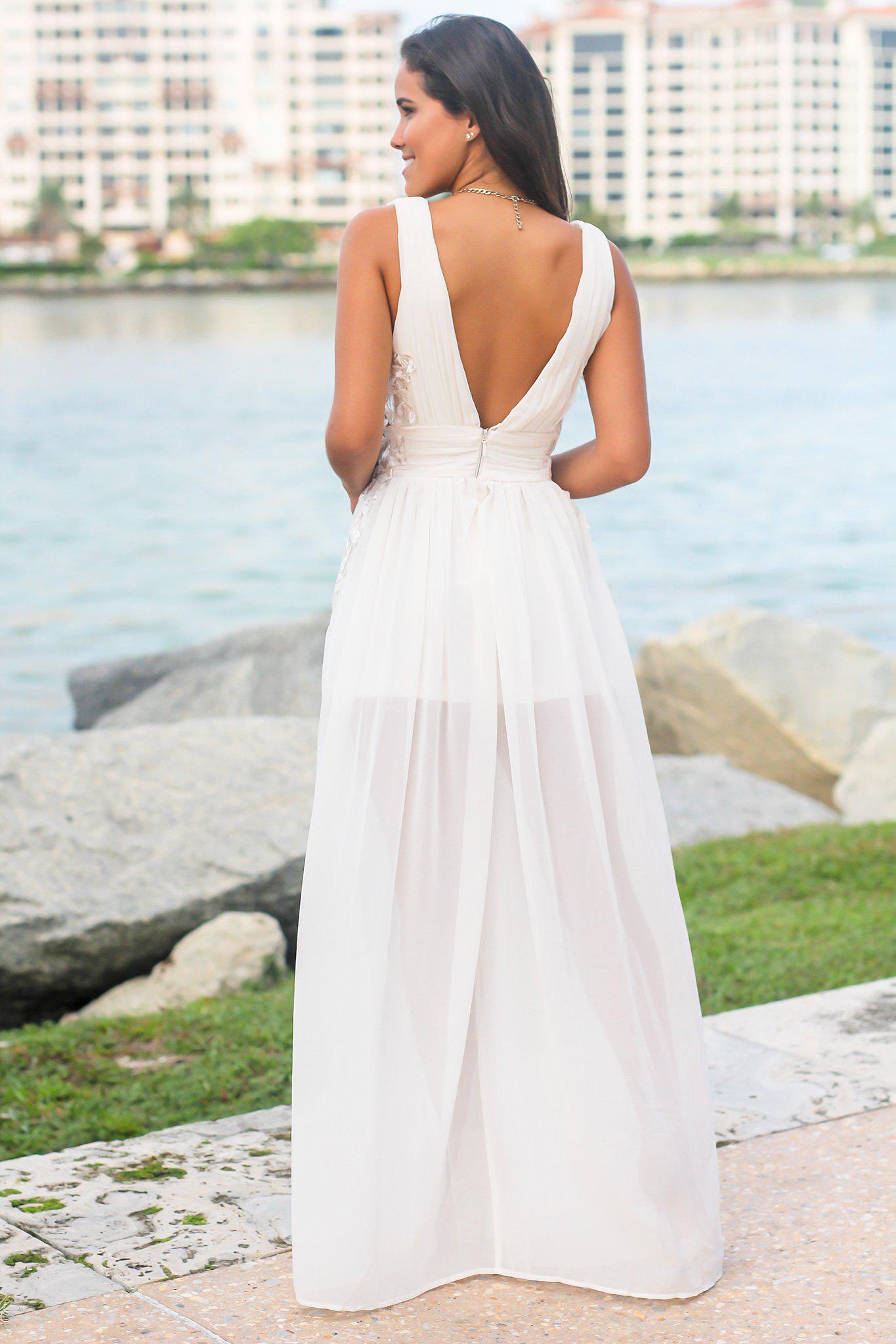 Ivory Pleated Maxi Dress with Embroidered Sides