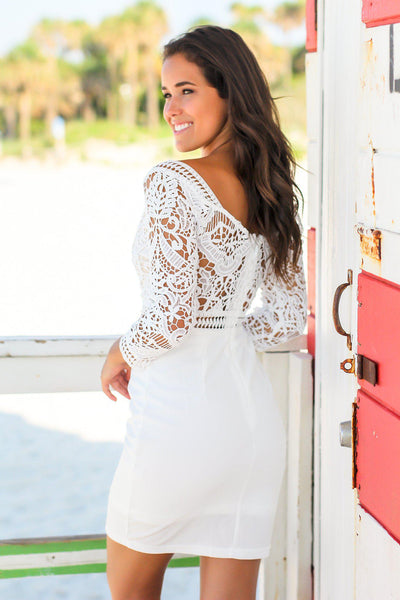 Ivory Short Dress with 3/4 Sleeves and Crochet Top