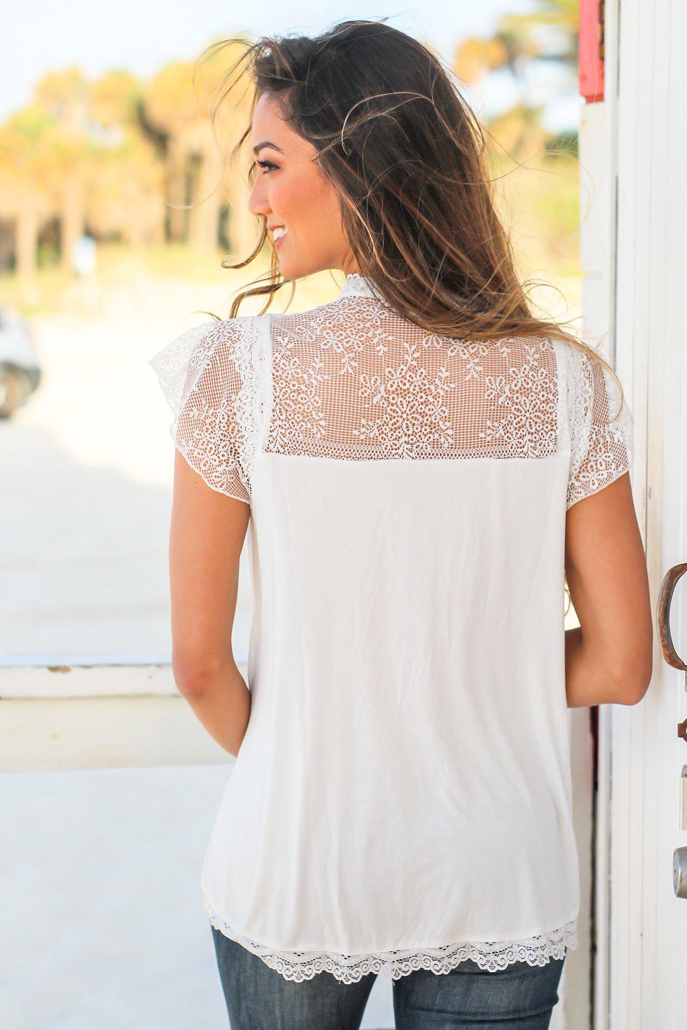 Ivory Short Sleeve Top with Crochet Detail
