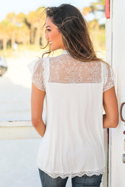 Ivory Short Sleeve Top with Crochet Detail