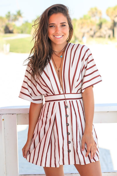Ivory Striped Short Dress with Buttons