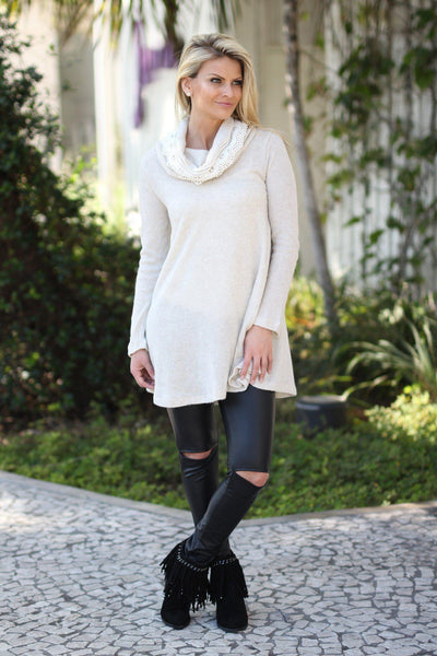 Ivory Sweater Tunic with Lace Neck