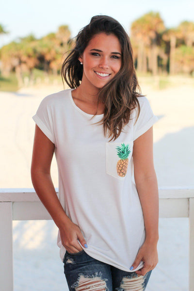 Ivory Tee with Pineapple Pocket