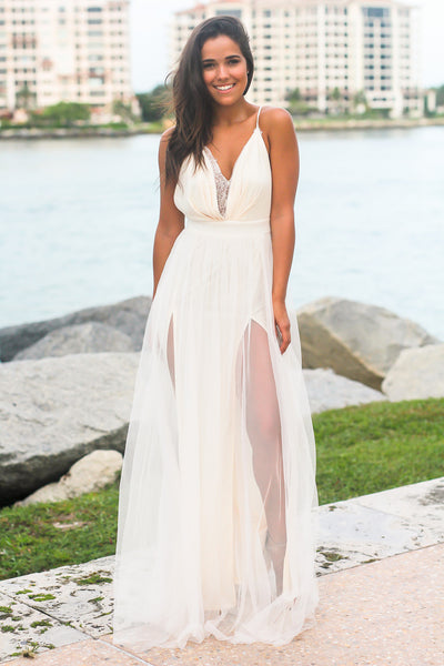 Ivory Tulle Maxi Dress with Lace Detail