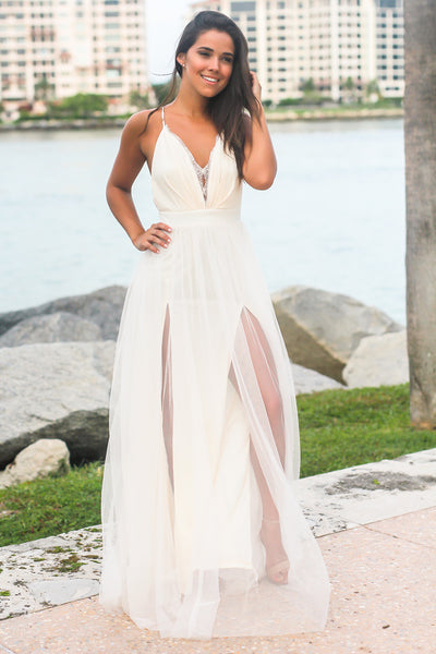 Ivory Tulle Maxi Dress with Lace Detail