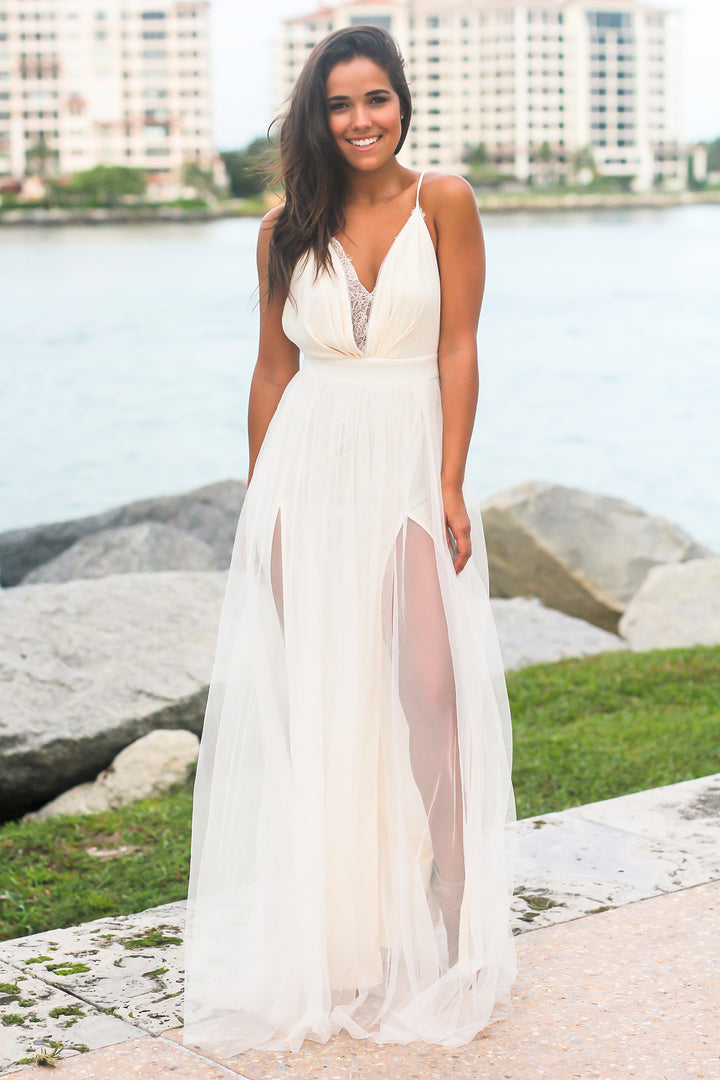 Ivory Tulle Maxi Dress with Lace Detail | Maxi Dresses Saved by the Dress Ivory Tulle Maxi Dress with Lace Detail | Maxi Dresses Saved by the Dress