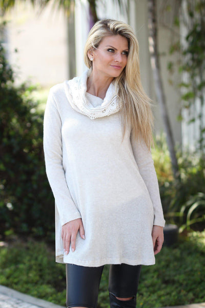 Ivory Sweater Tunic with Lace Neck