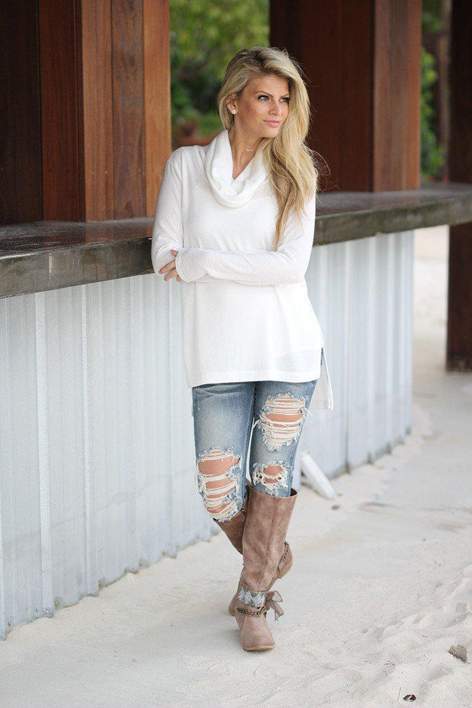 Ivory Turtle Neck High-Low Top
