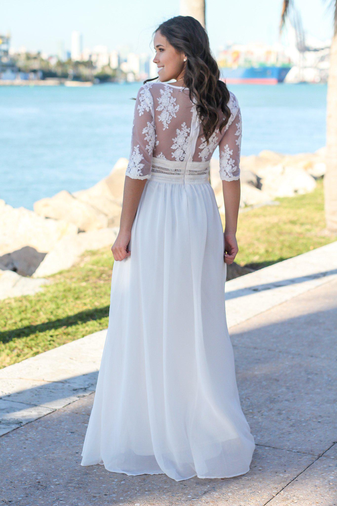 Ivory V-Neck Maxi Dress with Mesh Embroidered Sleeves