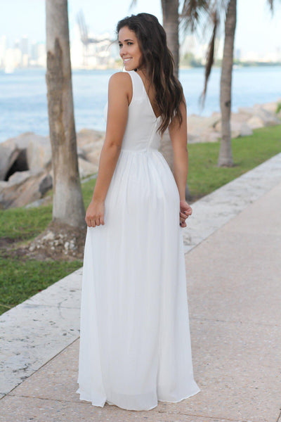 Ivory V-Neck Maxi Dress with Pleated Top