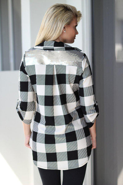 Ivory and Black Plaid Top with Sequin