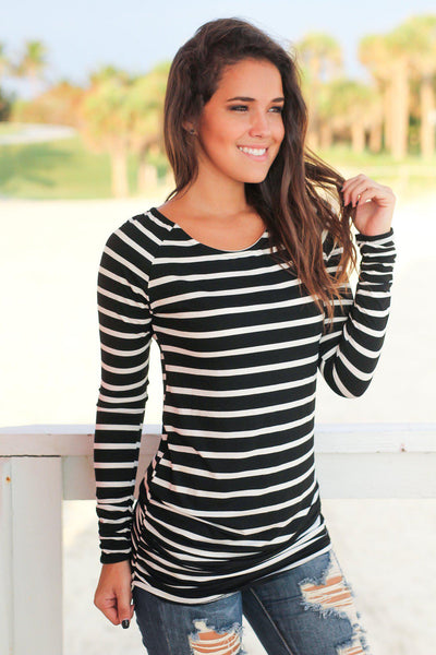 Ivory and Black Striped Ruched Tunic