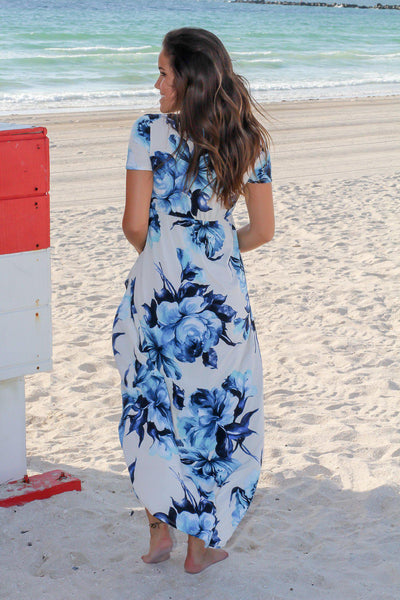 Ivory and Blue Floral High Low Dress with Short Sleeves