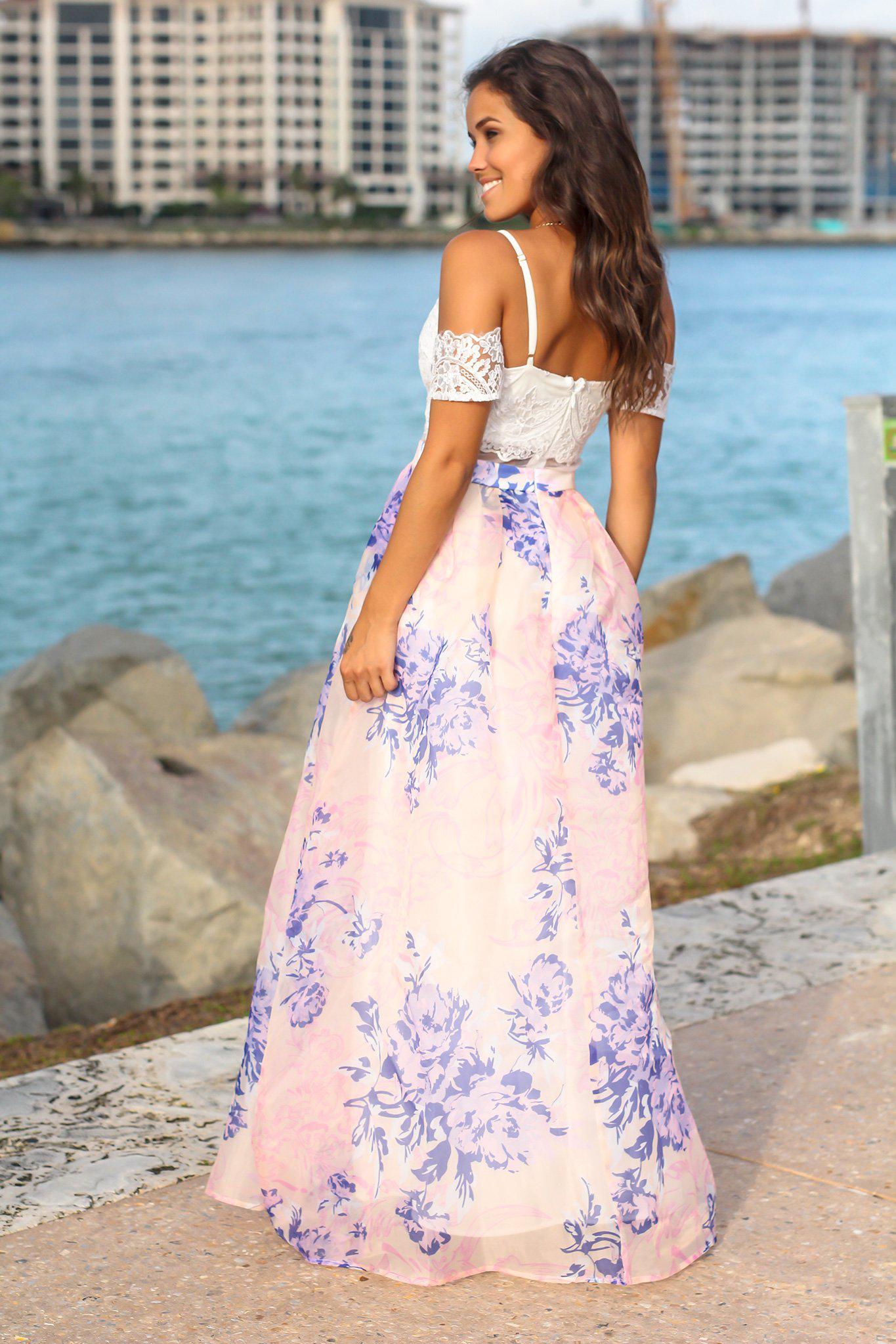 Ivory and Blue Floral Maxi Dress