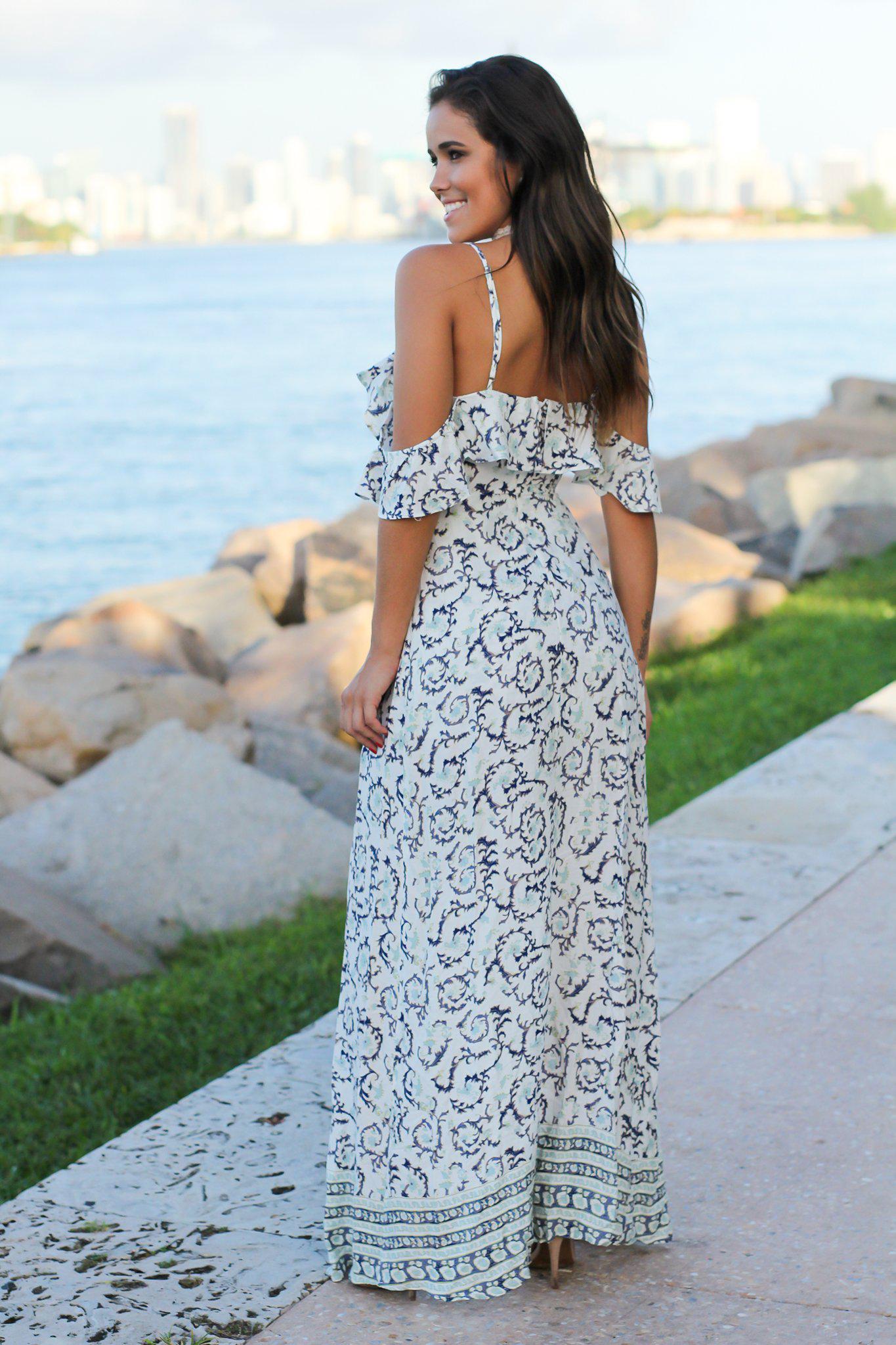 Ivory and Blue Maxi Romper with Ruffles