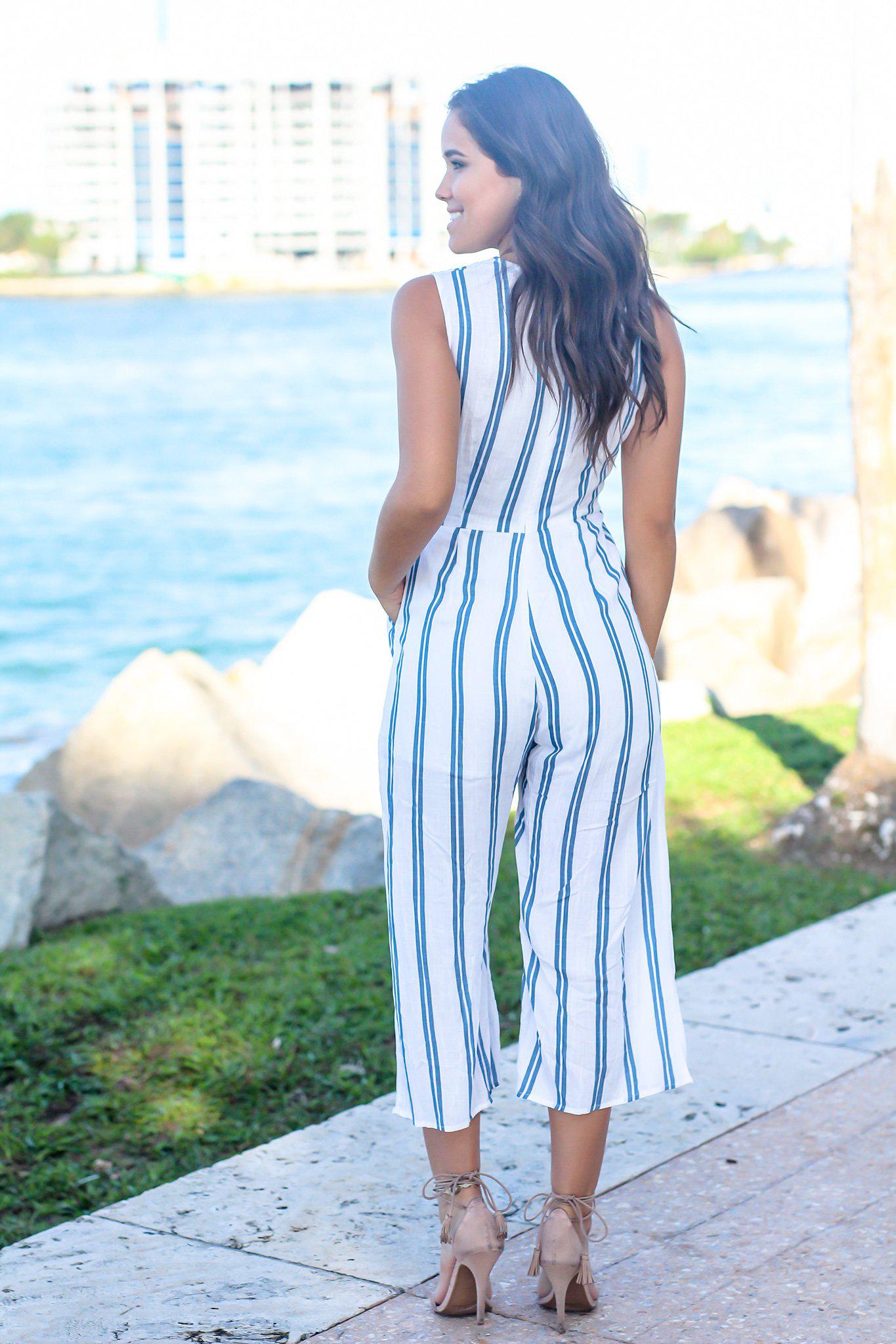 Ivory and Blue Striped Sleeveless Jumpsuit
