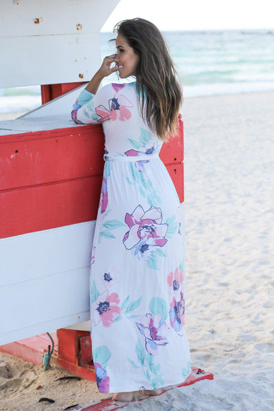 Ivory and Blush Floral Wrap Maxi Dress