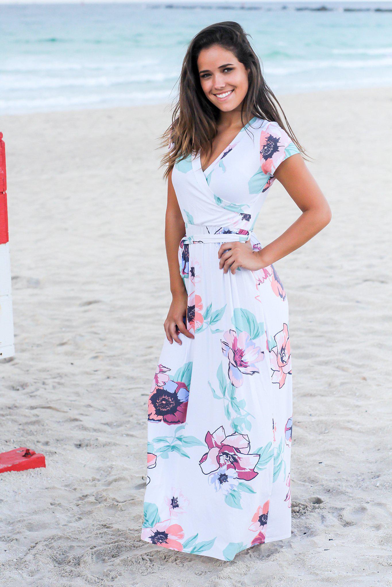 Ivory and Blush Floral Wrap Maxi Dress with Short Sleeves