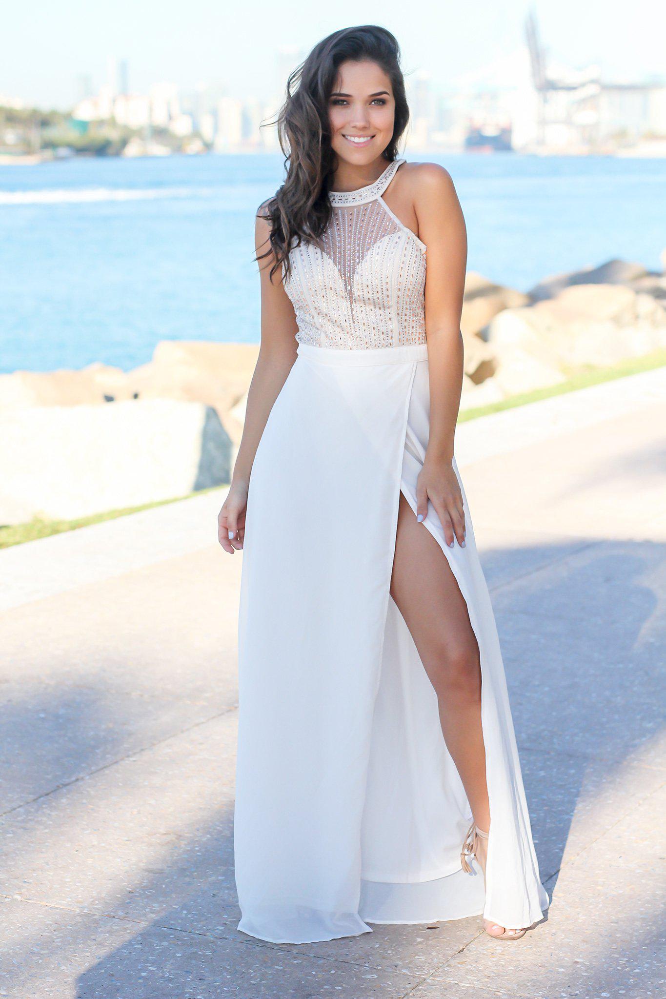 Ivory and Cream Maxi Dress with Tulle Back