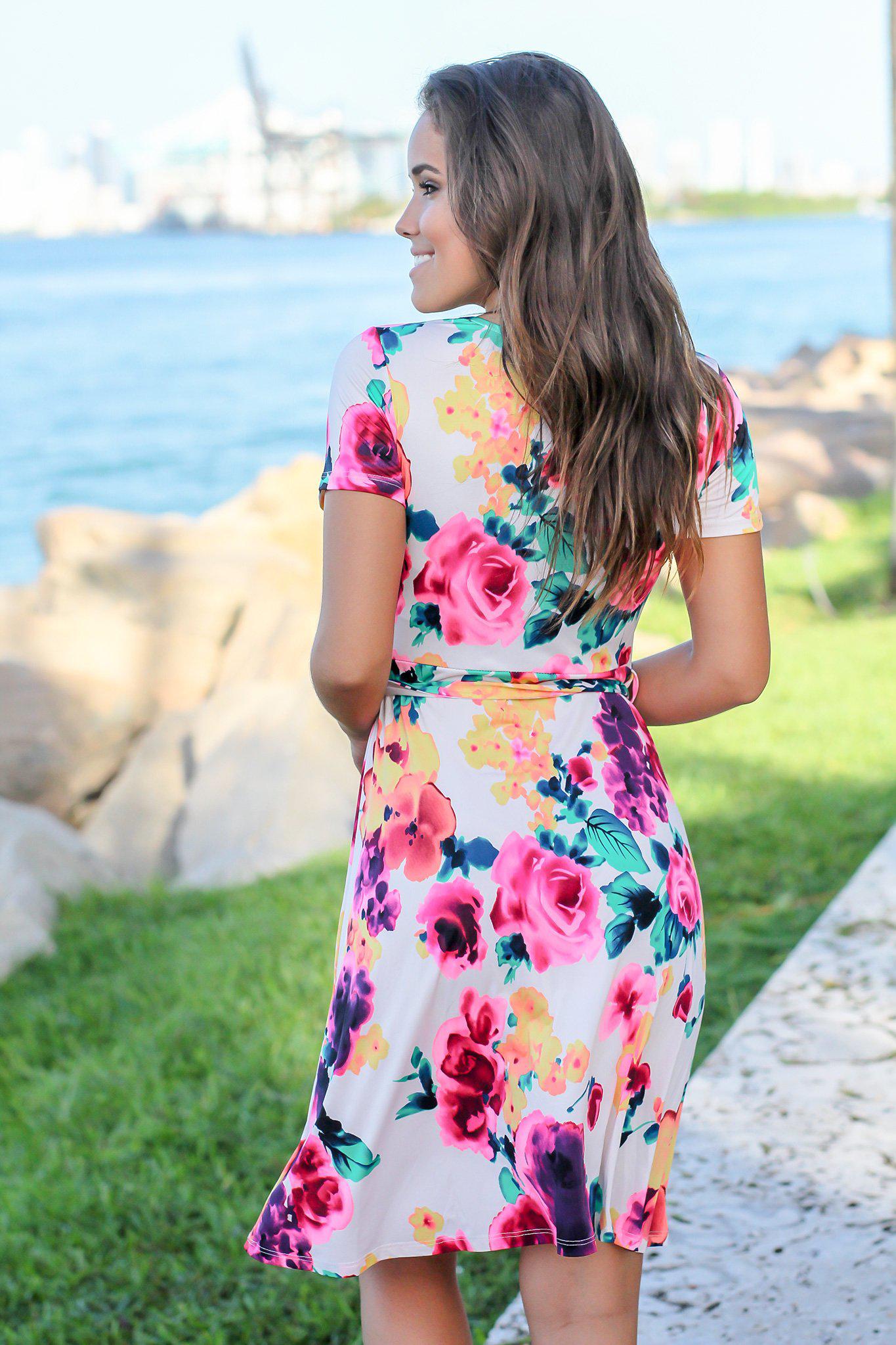 Ivory and Hot Pink Floral Short Dress