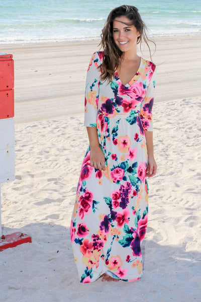 Ivory and Hot Pink Floral Wrap Maxi Dress