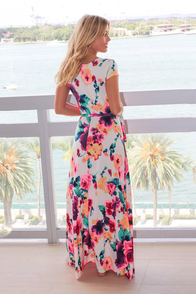Ivory and Hot Pink Floral Wrap Maxi Dress with Short Sleeves