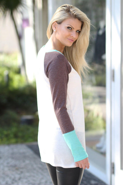 Ivory and Mint Long Sleeve Top with Buttons